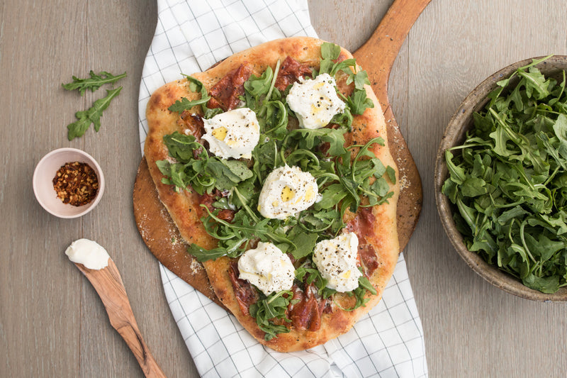 White Prosciutto Flatbread with Arugula And Mascarpone